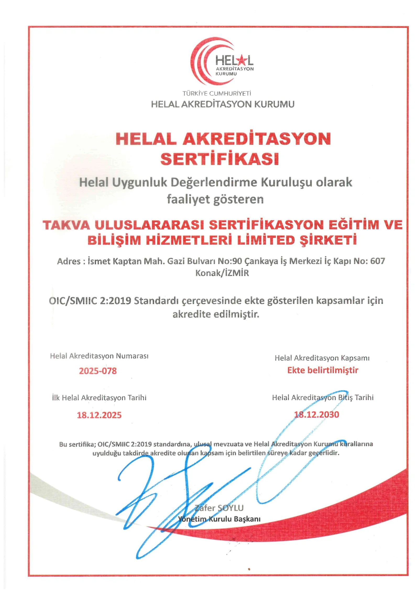 TAKVA Helal Akreditasyon Kurumu Akreditasyon Yetki Belgemiz, Helal Belgelendirme, HAK akredite belgelendirme